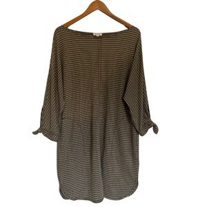 Max Studio Olive Green Ivory Stripped Shift Dress Knot Split 3/4 Sleeves XL